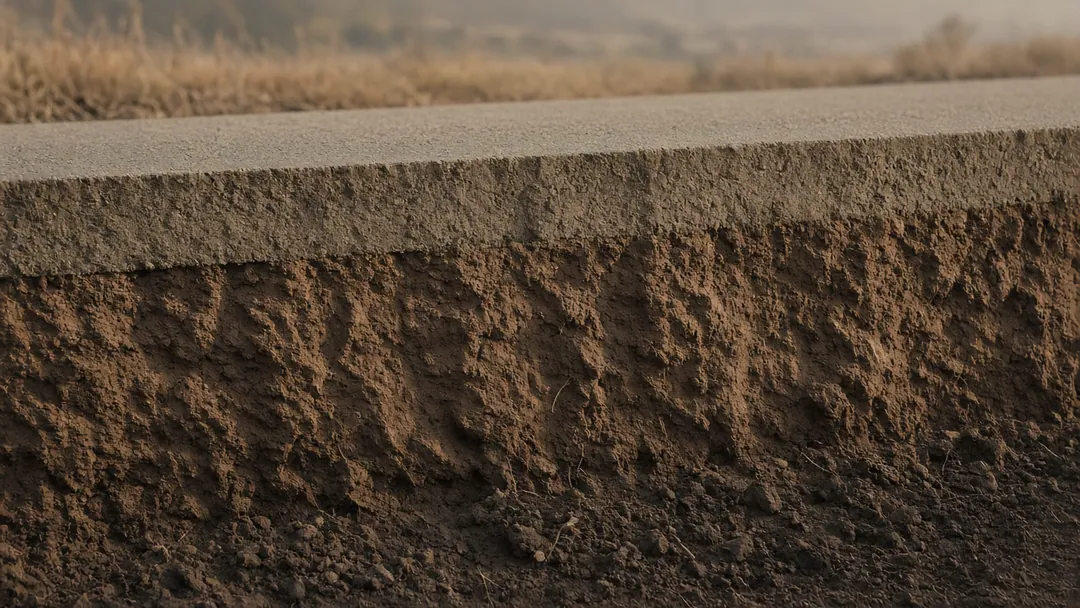 Corte del camino: losa estabilizada de unos 20 centímetros, clara y compacta como piedra, sobre el suelo natural.