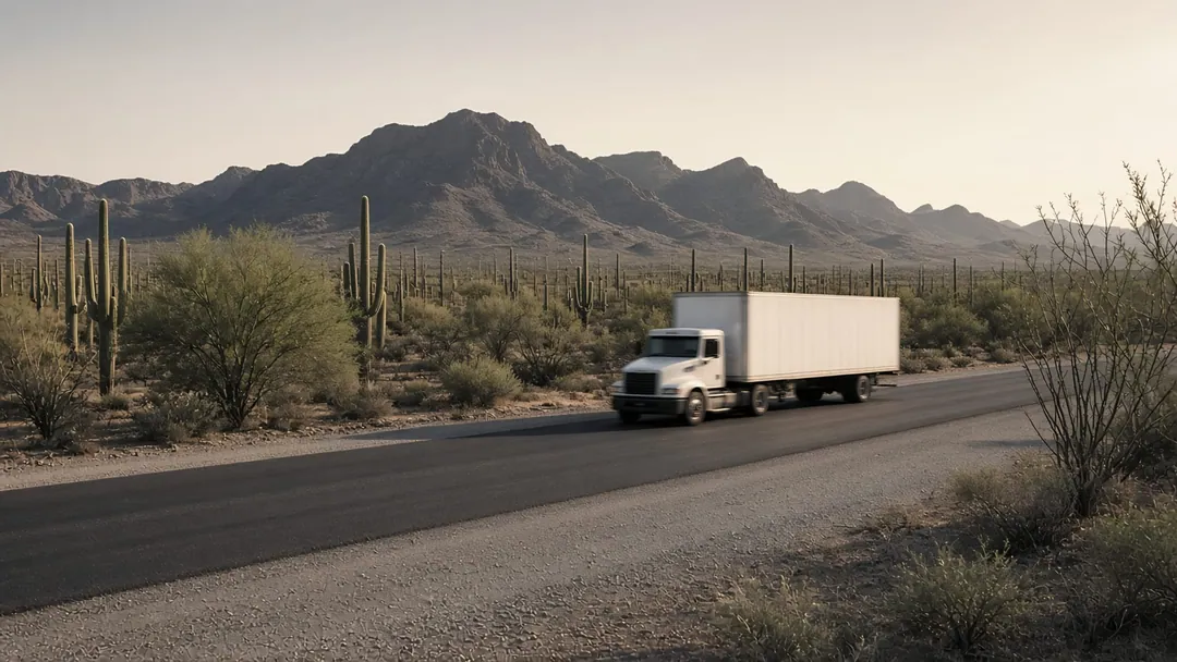 Carretera de dos carriles con carpeta asfáltica en el desierto de Sonora, entre sahuaros y ocotillos, con un tractocamión en marcha.